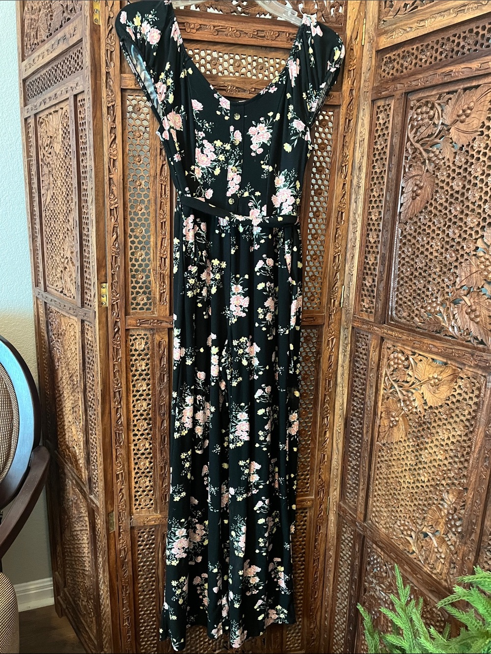 No Boundaries Black Floral Jumpsuit with Pink and Cream Flowers